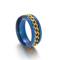 Heren spinner ring van blauw roestvrij staal met een centrale gouden draaiketting - Blauw met gouden ketting