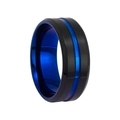Detail of 8mm wide men's ring with matte black finish and polished blue inner band - US 7 / Black and Blue