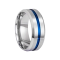 Macro shot of 8mm brushed silver ring with vibrant blue center groove and polished interior - US 7 / Silver & Blue