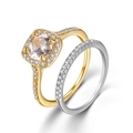 Anello halo dorato con zircone tondo e anello a fascia in argento coordinato con zirconi - Taglia 9 / Anelli combinati / Set di 2 pezzi / Oro e Argento