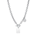 Detail of silver titanium steel chain with OT toggle clasp and engraved metal pendants - Square Heart Pendant