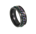 Black titanium spinner ring featuring a colorful rainbow Cuban chain inlay for anxiety relief - Black Base Rainbow Chain