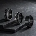 Men's 8mm black stainless steel spinner ring set with roman numerals and chain texture - US 6 / Black 3-Piece Set