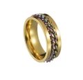 Polished gold stainless steel spinner ring with iridescent rainbow chain inlay style - Gold Base Rainbow Chain