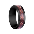 Detailed macro view of black ring featuring orange Celtic dragon pattern inlay and polished edges - Size 5 / Black Plated + Orange Base Black Dragon Pattern