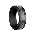 Detailed macro view of black metal ring with green and purple Celtic dragon pattern - Size 8 / Black Green Background