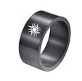 Detailed close-up of 10mm black brushed titanium steel ring with white sun totem engraving - US 7 / Black Sunshine