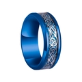 Detail of blue celtic dragon pattern inlay on a polished men's stainless steel ring - Blue with Blue Inlay (Silver Dragon)