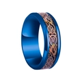 Detailed close-up of blue stainless steel ring featuring silver Celtic dragon inlay - Blue Colorful Dragon