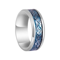 Detail of silver dragon pattern on blue glitter inlay in a stainless steel ring band - Size 5 / Blue Base Silver Dragon