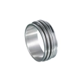 Close-up showing parallel groove textures and polished finish on the titanium steel ring - US 7 / Silver