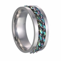 Stress-relief spinner ring with rainbow colored chain inlay in polished stainless steel - Silver Base Rainbow Chain