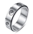 8mm stainless steel spinner ring with brushed texture and Tai Chi yin yang symbol - US 6 / Silver