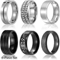 Ensemble de 6 bagues en acier inoxydable argent et noir avec textures et finitions variées - US 6 / Ensemble de 6 Pièces
