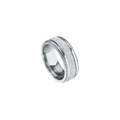 Macro detail of men's titanium steel ring with meteorite texture and grooved edges - US 6 / Silver