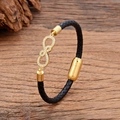 Classic black braided leather bracelet with golden infinity symbol and zircon inlay - Gold White Zircon Infinity Style (CZ-20)