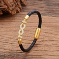 Classic braided black leather bracelet with a gold-plated infinity symbol and pavé crystals - Classic Magnetic Clasp White Zircon Infinity Style (CZ-20)