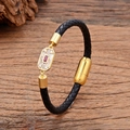 Bracelet en cuir tressé noir avec pièce centrale dorée et pierre rose brillante - Style de Gemme Octogonale Rose-Violet (Style-3)
