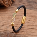 Classic black woven leather bracelet featuring a golden infinity symbol with colorful crystals - Colored Zircon Heart Pendant Style (CZ-20)