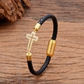 Handcrafted woven black leather bracelet with golden zircon cross and magnetic clasp - Classic White Rhinestone Inlaid Cross Style (Style 5)