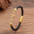 Close-up of black braided leather bracelet with golden cross and magnetic buckle on wood - Colorful Rhinestone Inlaid Cross Style (Style-6)