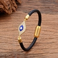 Braided black leather bracelet with golden evil eye charm and magnetic clasp - Blue & White Enamel Style 2
