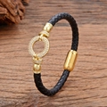 Gevlochten zwarte leren armband met kristallen gouden element en magnetische sluiting - Cirkel Stijl (Stijl-5)