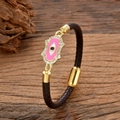 Bracciale in pelle intrecciata con mano di Fatima, occhio e cristalli - Smalto Rosa (Stile-3)