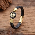 Men's handmade woven black leather bracelet with golden skull magnetic clasp and punk style - Skull Pattern (Style-1)