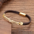 Ethnic brown braided leather bracelet with gold-plated zircon center piece and magnetic clasp - Geometric Round Style (Style-1)