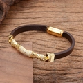 Bohemian brown leather bracelet with gold-plated metal inlay and zircon accents - Vintage Streamline Style (Style-3)