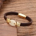 Pulsera de cuero marrón bohemia con eslabón ovalado brillante y cierre magnético - Diseño Hocico de Cerdo/Grano de Café (款式-2)