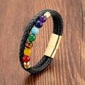 Bracciale yoga in pelle intrecciata con 7 pietre chakra e chiusura magnetica oro - 19cm / Oro-A