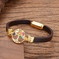 Detailed macro view of tree of life charm on brown leather strap with magnetic clasp - Colorful Zirconia Accent (Style-6)