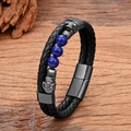 Punk-Lederarmband mit Totenkopf-Charms, blauen Steinperlen und Magnetverschluss - 19cm / Lapislazuli