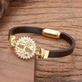 Detail of leather bracelet with golden tree of life charm and clear zircon stones - White Zirconia Tree of Life (Style-7)