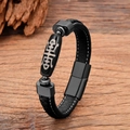 Pulsera vintage de cuero trenzado para hombre con cuenta Dzi y cierre magnético de acero - 19cm / Estilo de Escritura Antigua con Cierre Magnético Gris Plateado