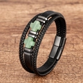 Bracciale multistrato in pelle da uomo con croci in pietra verde e chiusura magnetica nera - Giada avventurina