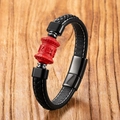 Ethnic braided leather bracelet with red cinnabar bead and magnetic steel clasp - Style 6 (Mantra Prayer Wheel)