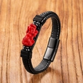 Handgewebtes PiXiu-Armband aus rotem Zinnober mit schwarzem Lederband und Magnetverschluss - 19cm / 3D Pixiu Genähter Stil (Stil 2)
