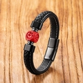 Men's black braided leather bracelet with red cinnabar bead and magnetic steel clasp - Style 1 (Hexagonal Dragon Pattern) / 19cm