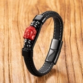 Men's leather bracelet featuring a red cinnabar Buddha head and magnetic stainless steel clasp - Red Buddha Head Carved (Style 7)