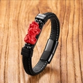 Handgeflochtenes schwarzes Lederarmband mit rotem Pixiu und Magnetverschluss - 19cm / Hellroter Pixiu Perlenstil (Stil 3)