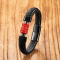 Detail of woven black leather bracelet featuring red embossed bead and magnetic metal clasp - Style 2 (Cylindrical Lucky Cloud) / 19cm
