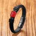 Bracelet en cuir tressé noir avec perle de cinabre rouge et gravure de Bouddha - 19cm / Totem de Bon Augure Rouge (Style 3)