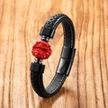 Men's woven black leather bracelet with carved red cinnabar charm and steel clasp - Style 3 (Pixiu Auspicious Beast) / 19cm