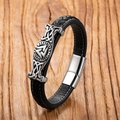 Braided black leather Viking bracelet for men with Valknut symbol and runic metal charm - Viking Symbol Style