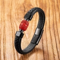 Men's woven black leather bracelet with red cinnabar bead and black stainless steel buckle - Style 4 (Cloud Pattern Pillar) / 19cm