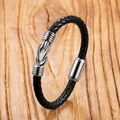Braided black leather men's anchor bracelet with silver magnetic clasp on wood - Knot Design (Style 3) / 19cm