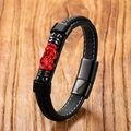 Detail of black woven leather bracelet with red Pixiu charm and magnetic clasp - Red Side Pi Xiu (Style 8)